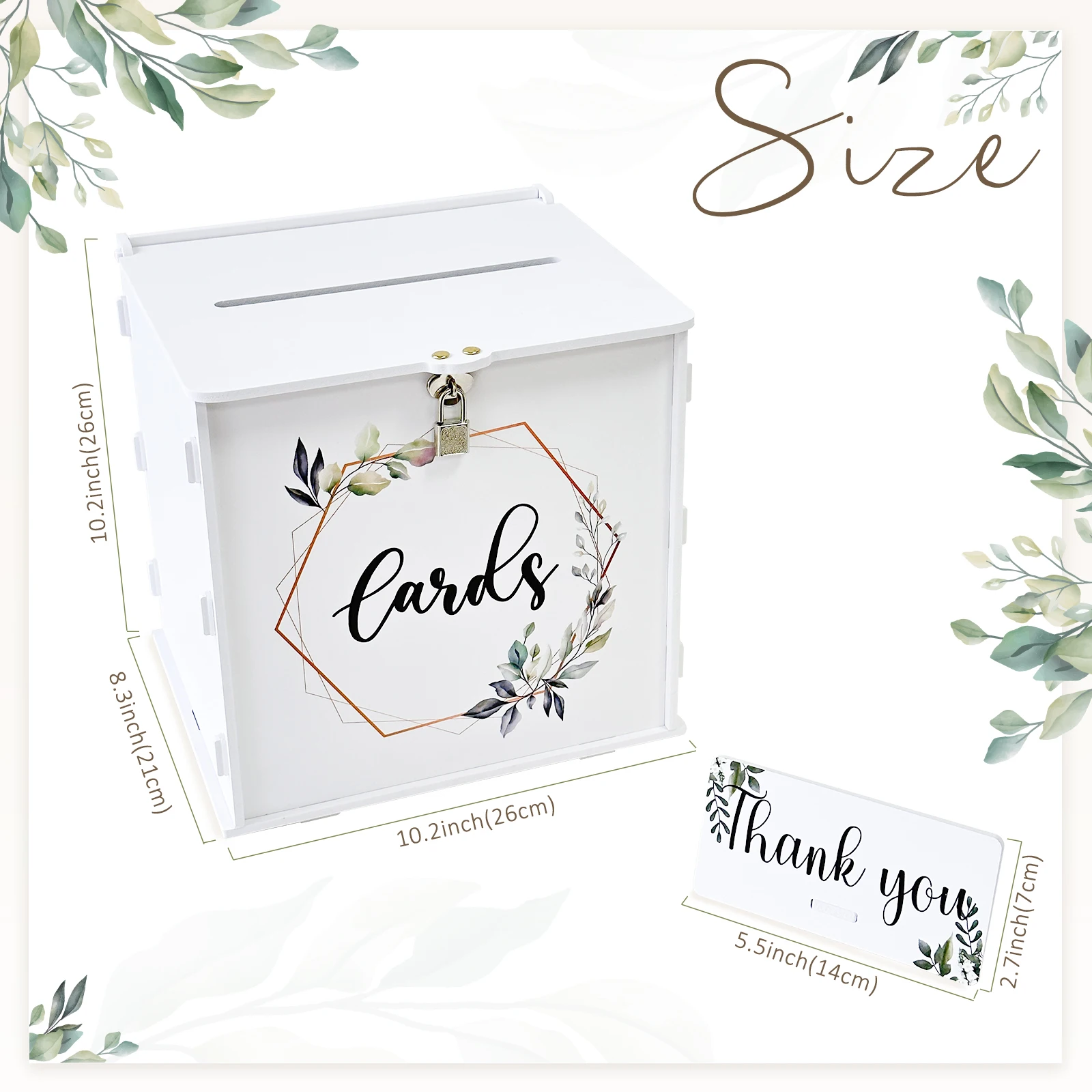White Wedding Card Box with Lock, PVC Gift Card Box for Wedding Reception, Eucalyptus DIY Wedding Envelope Money Card Box