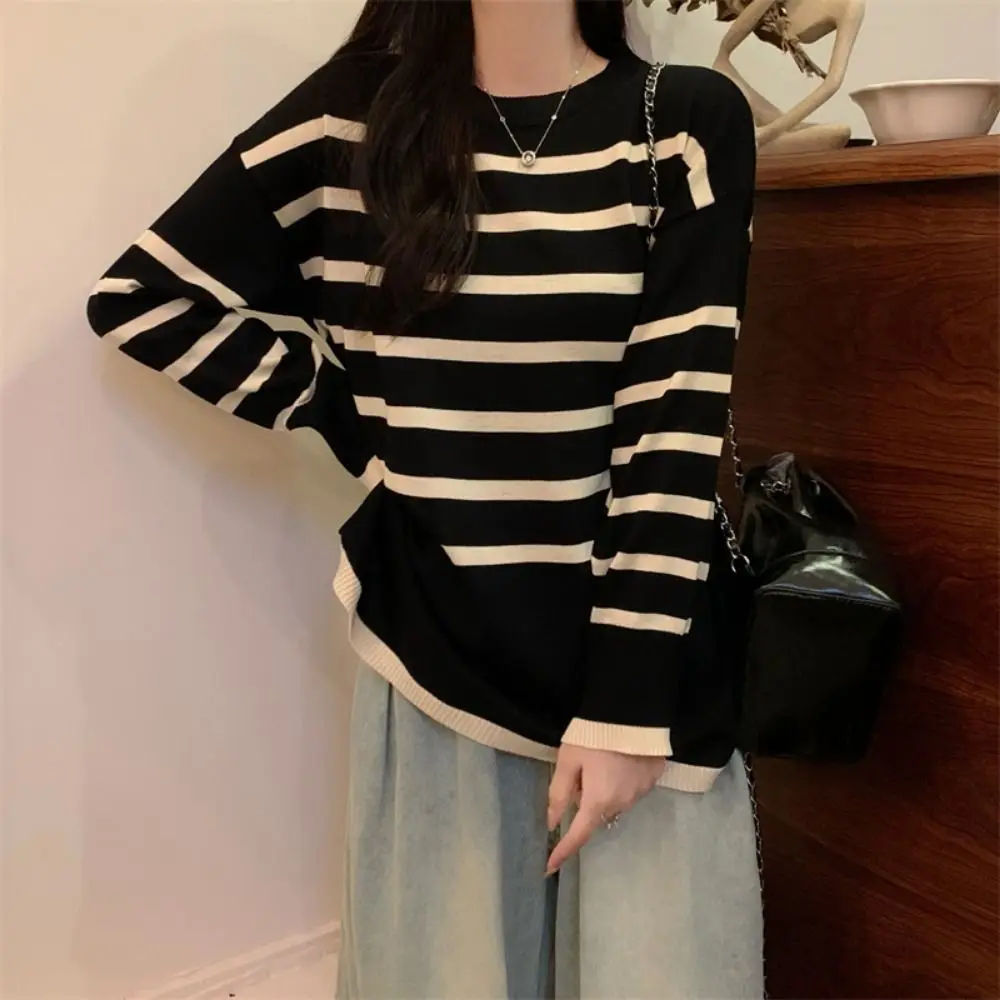 عادية الخامس الرقبة شريط كم طويل علوي سليم صالح رقيقة Y2k المرقعة تريكو البلوز التلبيب تي شيرت مخطط الخريف الربيع