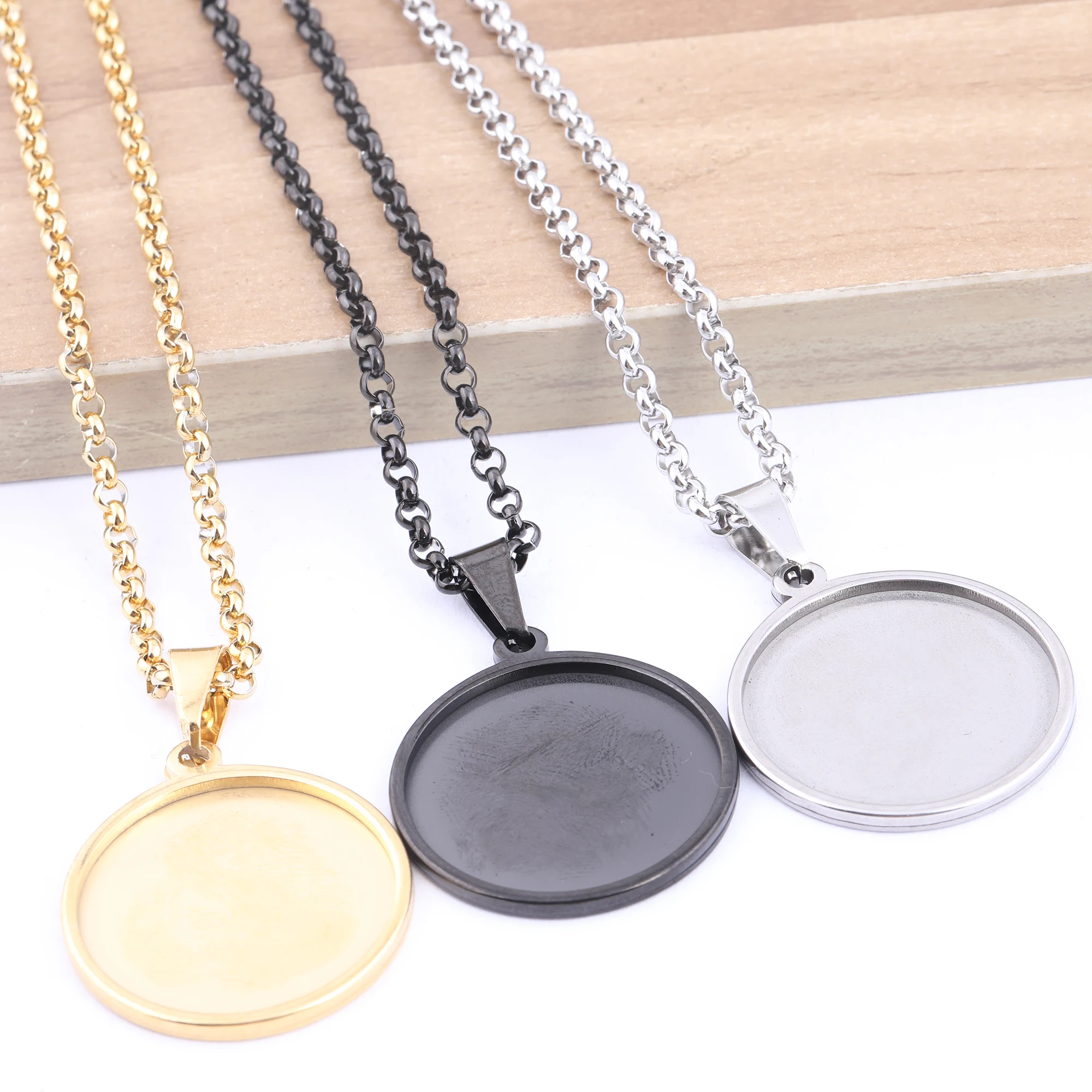 2pcs stainless steel 63cm long chain necklace bezel blanks fit 25mm cabochon pendant base setting trays diy jewelry making