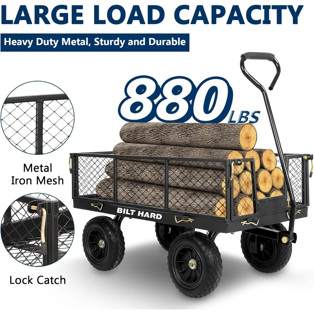 Heavy-Duty Garden Cart with 880 lbs Capacity, 180° Rotating Handle, Removable Sides, 4 Cubic Feet Flat-Free Tires