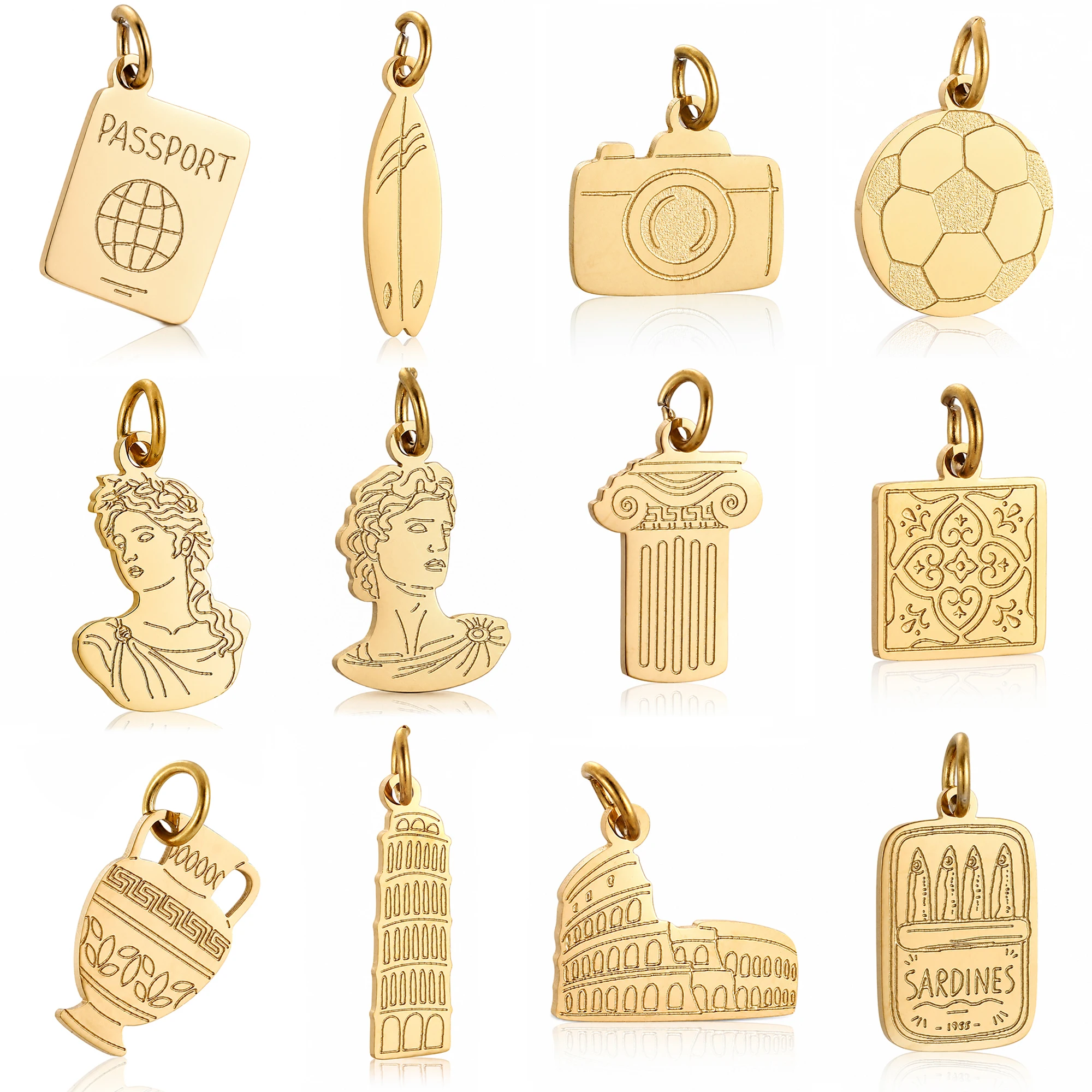 5Pcs Roman Colosseum/Camera/Leaning Tower of Pisa Charm Stainless Steel Retro Travel Pendant DIY Necklace Earring Jewelry Making