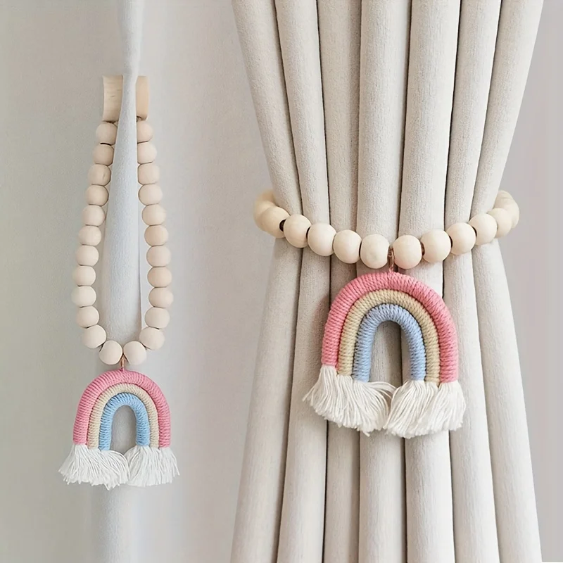 4pcs/8pcs Bohemian Style Triple Rainbow Tassel Wood Bead Curtain Tiebacks, Office Wood Bead Curtain Clasp Hanging Decoration