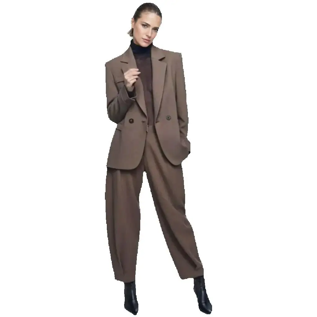 

2026 Новые женские европейские комплекты из 2 предметов, коричневые двубортные свободные пиджаки, женские шикарные элегантные брюки на молнии, костюмы, брючный наряд