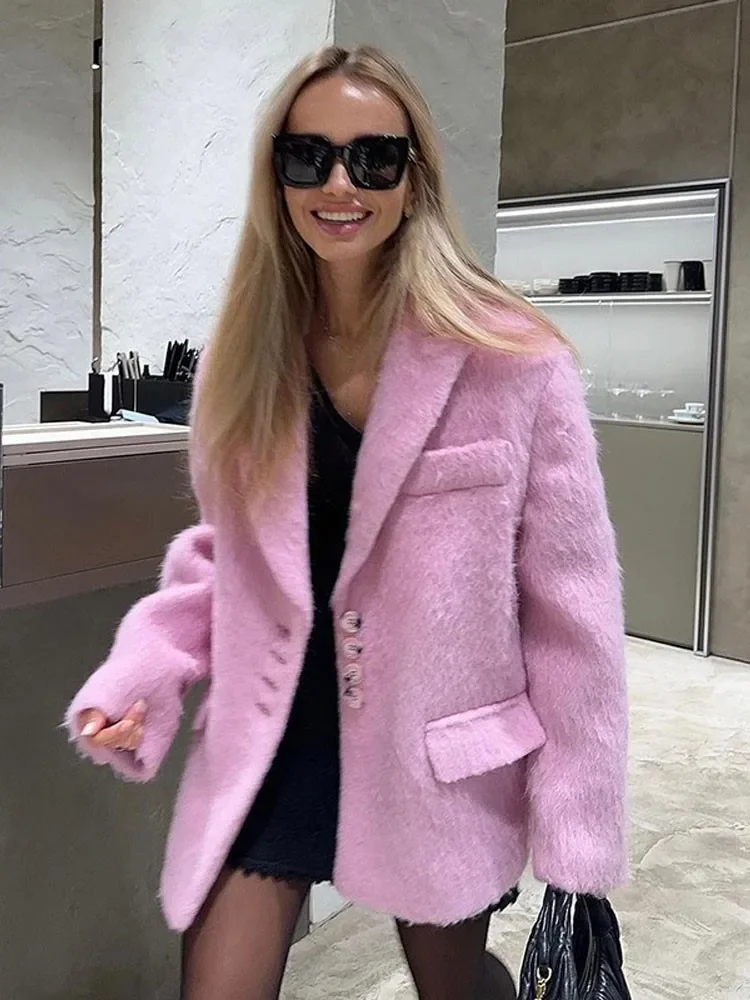 

Fashion Pink Woolen Jacket Women Winter V Neck Mohair Buttons Single Breasted Pockets Coat Ladies Office Street Casual Outerwear