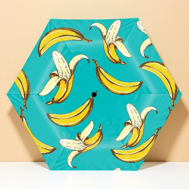 مظلة الموز الصغيرة القابلة للطي المدمجة المرنة وخفيفة الوزن ومحمولة على شكل زهرة وفاكهة وحماية من الأشعة فوق البنفسجية وجيب من الجلد للنساء