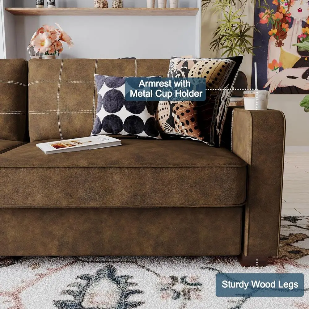 

80 Inch Brown aux Leather Soa Couch - Wide Armrests with 2 Built-in Cup Holders, Contrast Stitching, Oversized Leather Love Seat