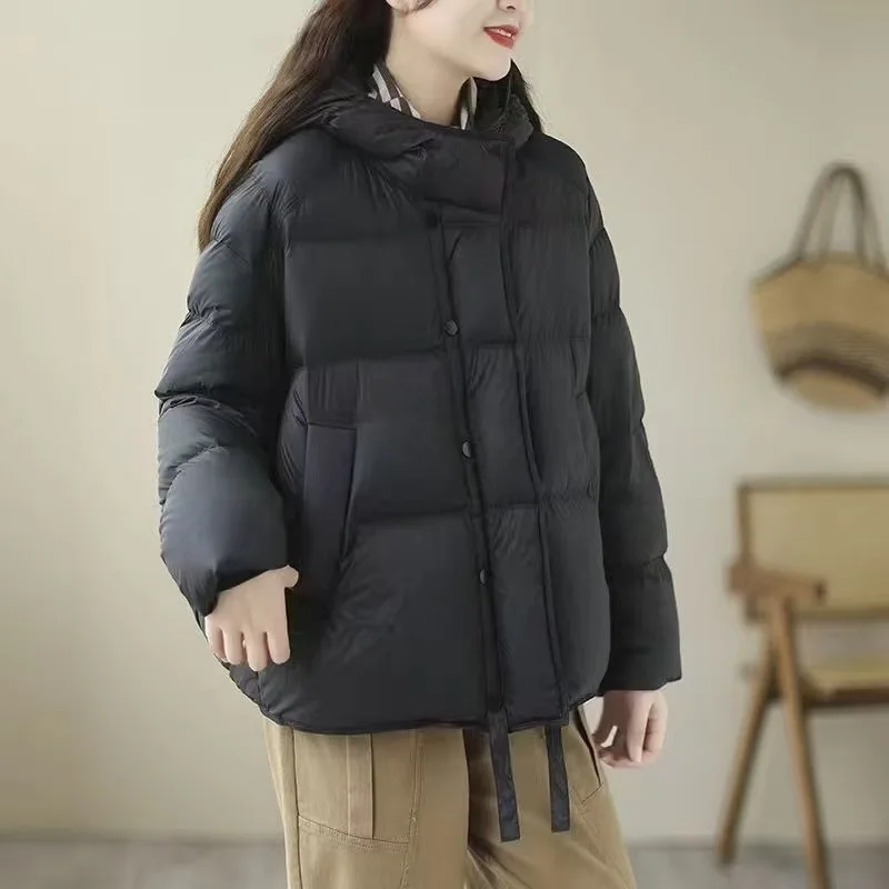 

Winter New Puffer Jacket Solid Color Short Hooded Woman Coat White Duck Down Thickened Warm Women's Down Coat Casual Loose Coat