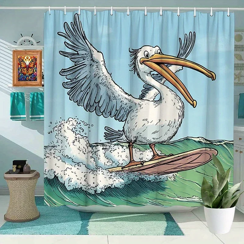 

~O~Pelican Surfing Wave Shower Curtain - Whimsical Animal Scene, Vibrant Polyester, 12 Hooks, Machine Washable,Ocean Bathroom De