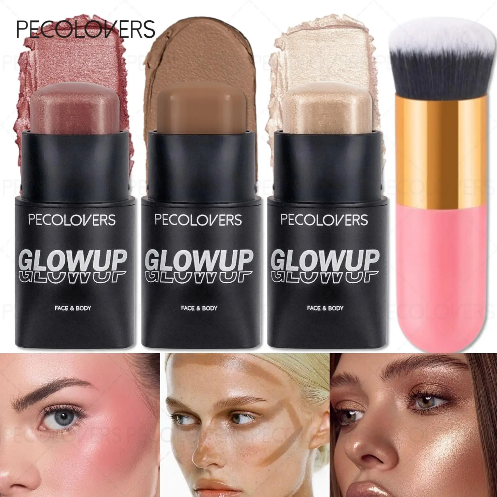 4PCS Waterproof Multifunction Face Makeup, Highlighter + Blush Powder + Facial Contour Stick, Build 3D Stereoscopic Face