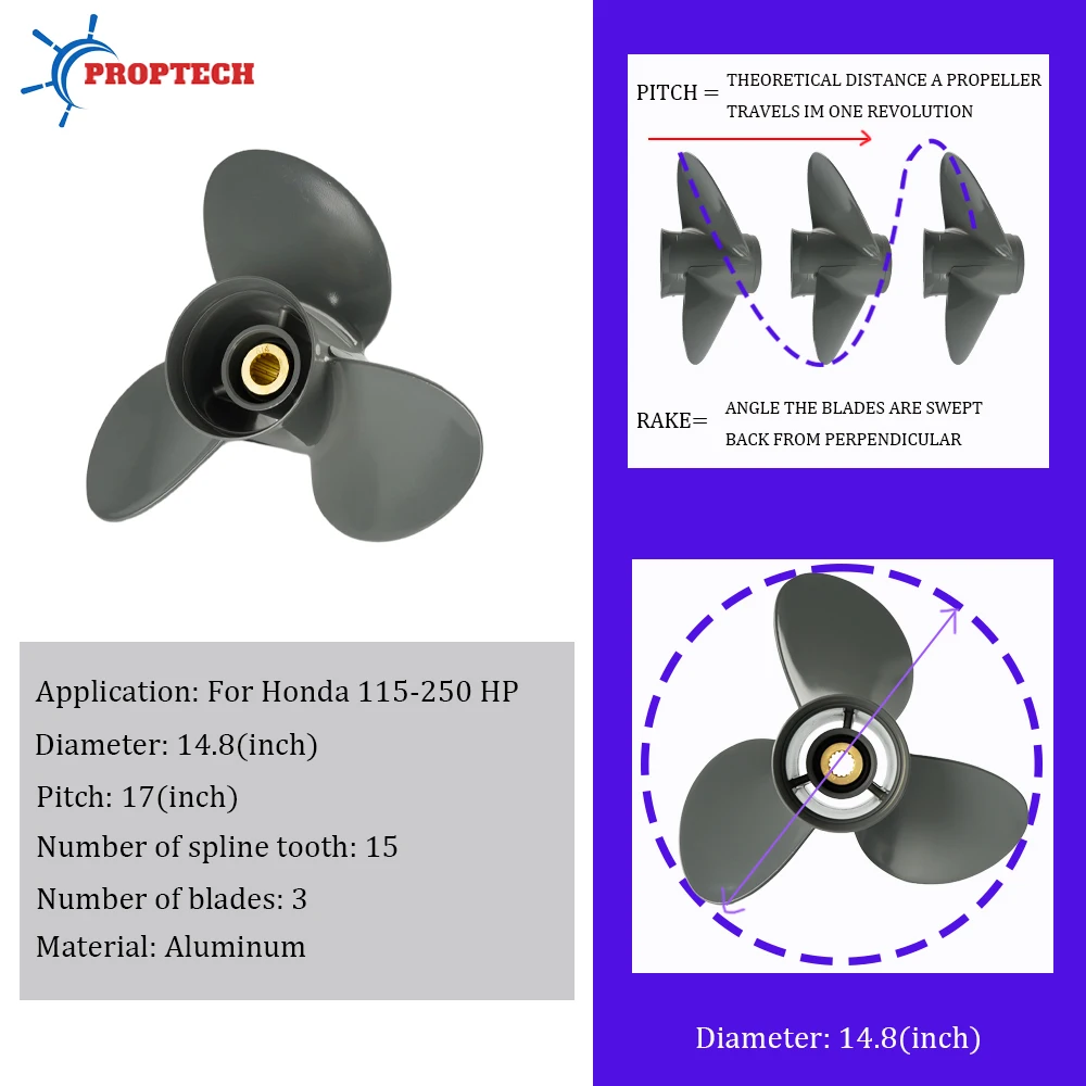 Outboard Propeller For Honda 115 135 150 200 225 250hp 14.8*17 Boat Motor 3 Blade Aluminum Screw 15 Spline Marine Engine Part