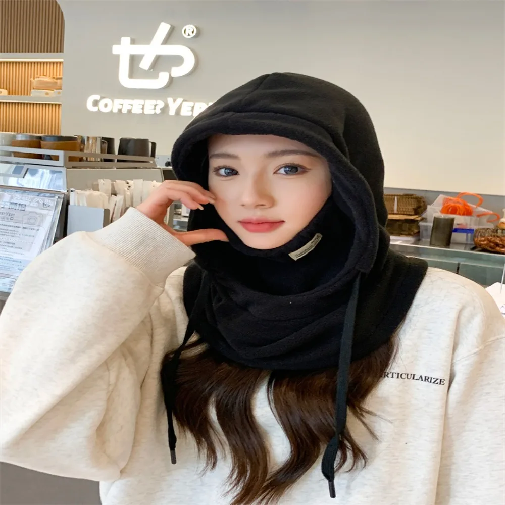 Drawstring Winter Cycling Cap Warm Acrylic Fiber Fleece Outdoor Sports Bib Hood One-piece Scarf Hat