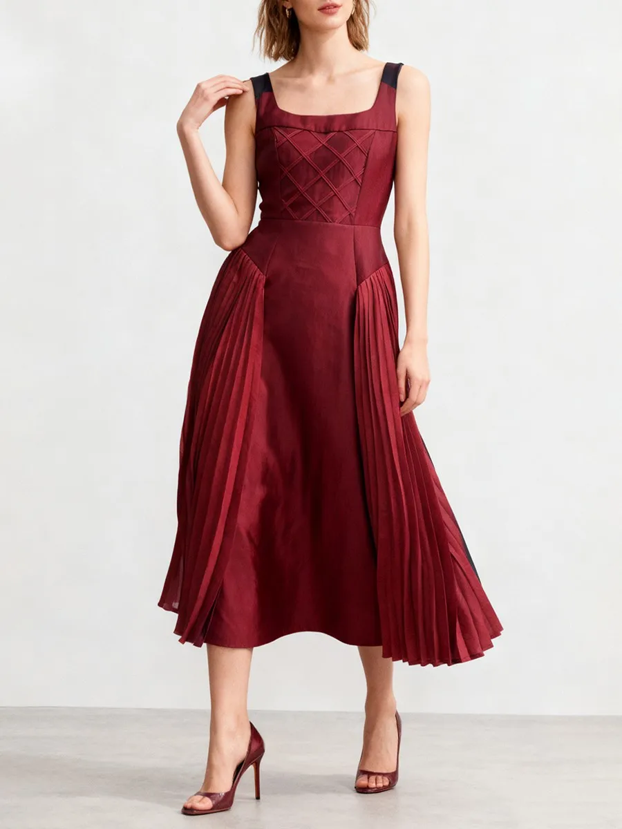 TWOTWINSTYLE Solid Spliced Shirring Fashion Dresses for Women Square Neck Sleeveless High Waist Casual Dress Female Clothing New