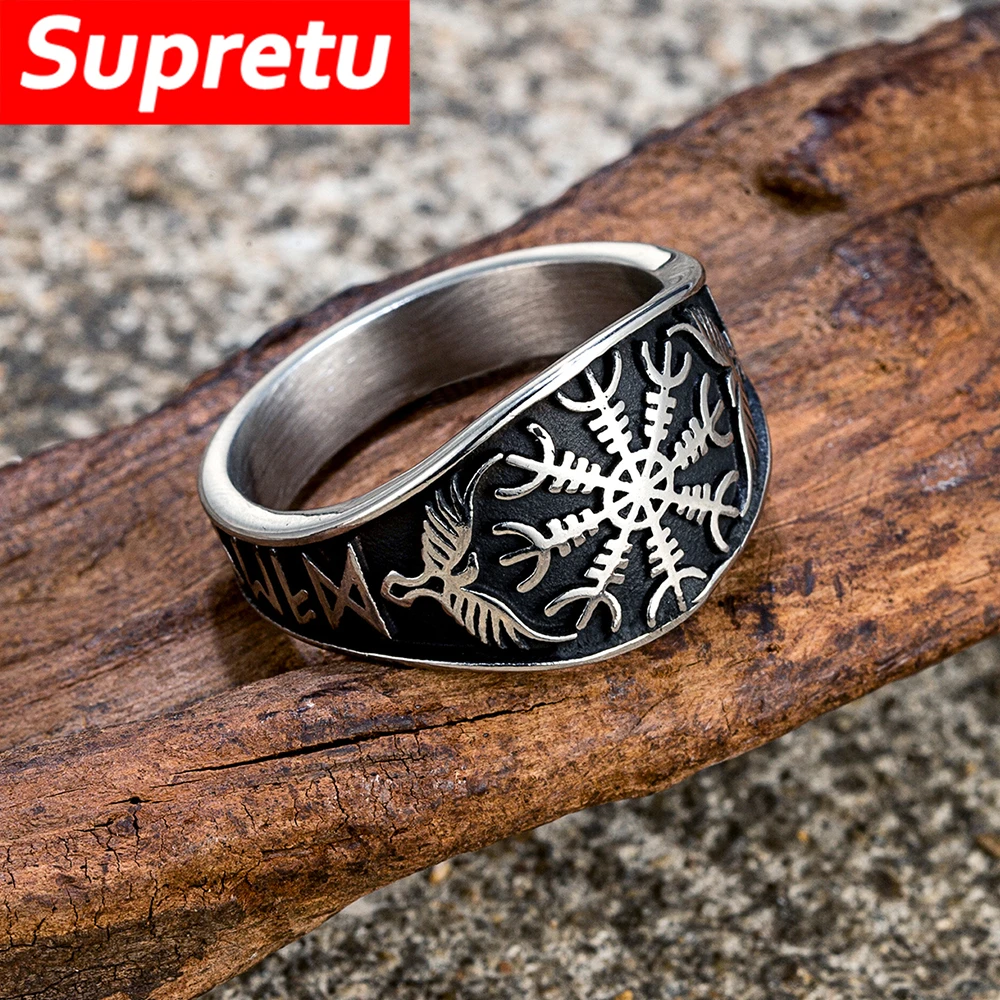 Vintage Vikings Runes Compass Rings Men Stainless Steel Norse Mythology Odin\'s Crow Futhark Finger Ring Pagan Talisman Jewelry