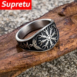 Vintage Vikings Runes Compass Rings Men Stainless Steel Norse Mythology Odin's Crow Futhark Finger Ring Pagan Talisman Jewelry