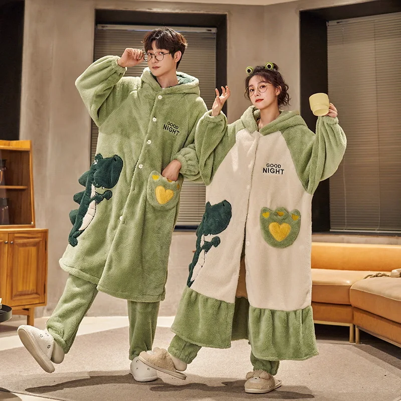 Couple Coral Velvet Pajamas Set Men Sleep Robe&Pants Sleepwear Nightgown Women Cute Cartoon Dinosaur Pijamas--price only 1 PC