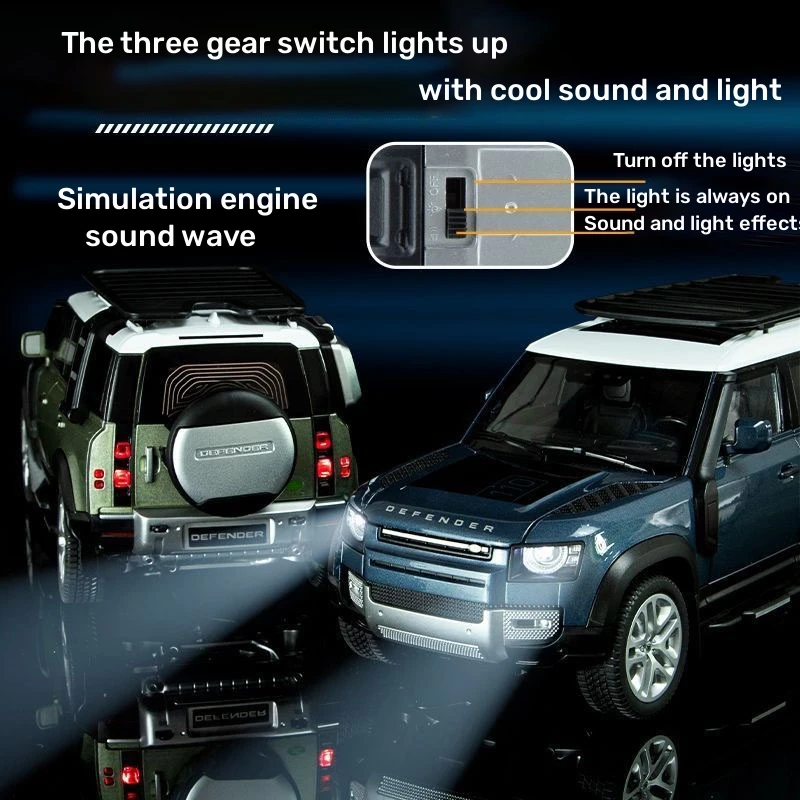 1:18 Land Rover Defender SUV Alloy Off-Road Vehicles Diecast Metal Scale Large Model Car Sound&Light Childrens Birthday Toy Gift