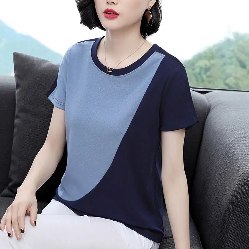 

Casual Patchwork Solid Color Women's Clothing Ladies Simplicity Short Sleeve Tops Comfortable O-neck Pullovers T-Shirts XQ43