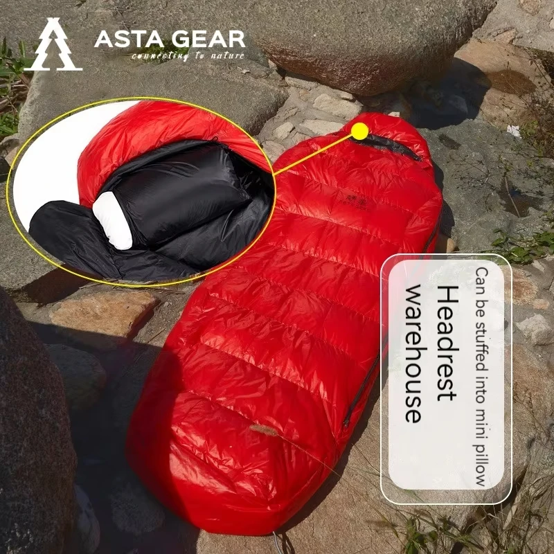 ASTA GEAR Red Outdoor Ultra Light Duck Down Indoor Camping Winter 15D Nylon Anti Splashing Fluffy Plush Sleeping Bag