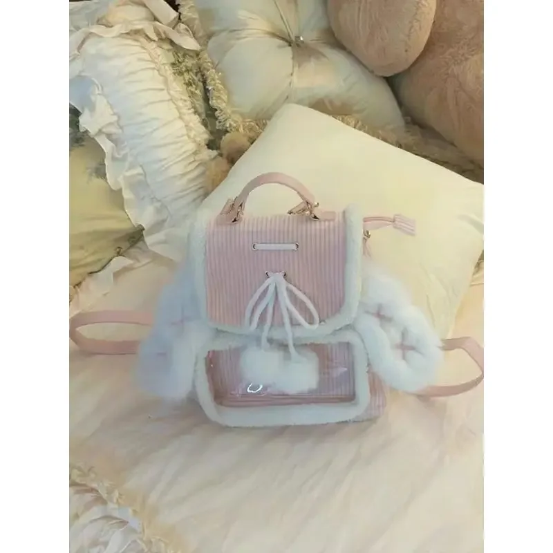 Xiuya Zaini piccoli rosa per donna Orecchie di coniglio Carino velluto a coste Lolita Jk Ita Borsa trasparente Peluche Kawaii Borse estetiche femminili