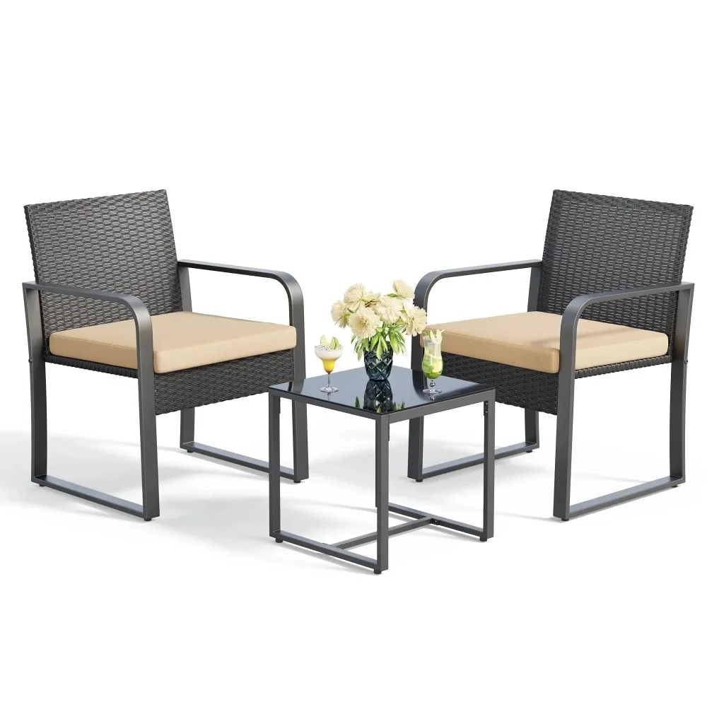 

3-Piece Patio Chairs Set with Glass Coffee Table, Outdoor Rattan Furniture Set for Garden, Porch, Bistro, Yard, Gray Cushion