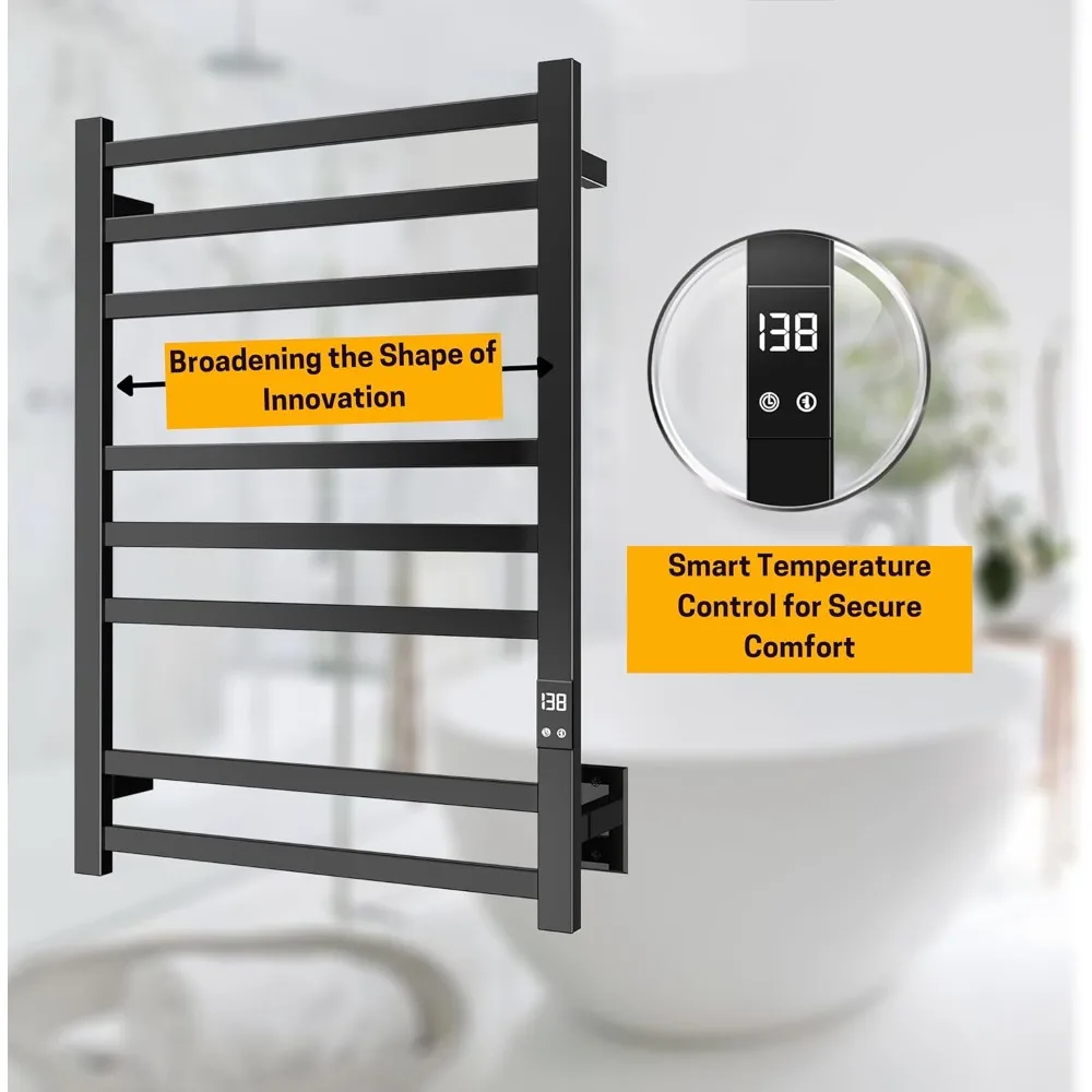 8-Bar Towel Warmer with Fast Heating, Auto Shut-Off Timer, Black Finish - Hardwired or Plug-in Options - Ideal for Hot Towels