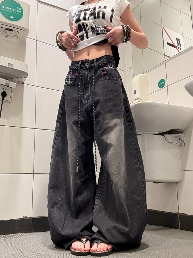 

HOUZHOU винтажные готические мешковатые джинсы женские Y2k черные джинсовые брюки большого размера в стиле гранж High Street Punk широкие потертые джинсовые брюки