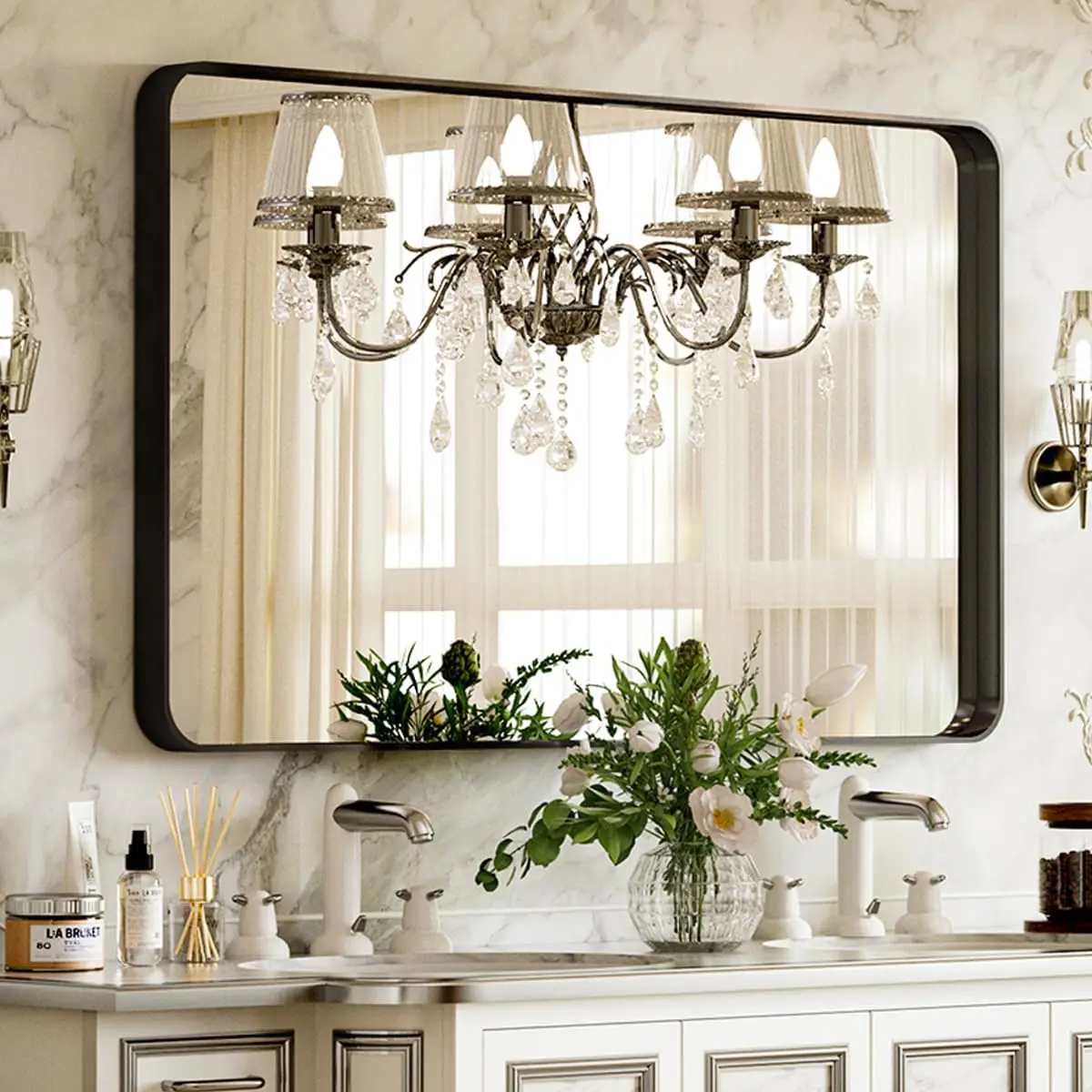 

24x32 inch Black Deep Frame Bathroom Mirror, Modern Round Corner Wall Mirror for Bedroom, Living Room, Hanging or Leaning