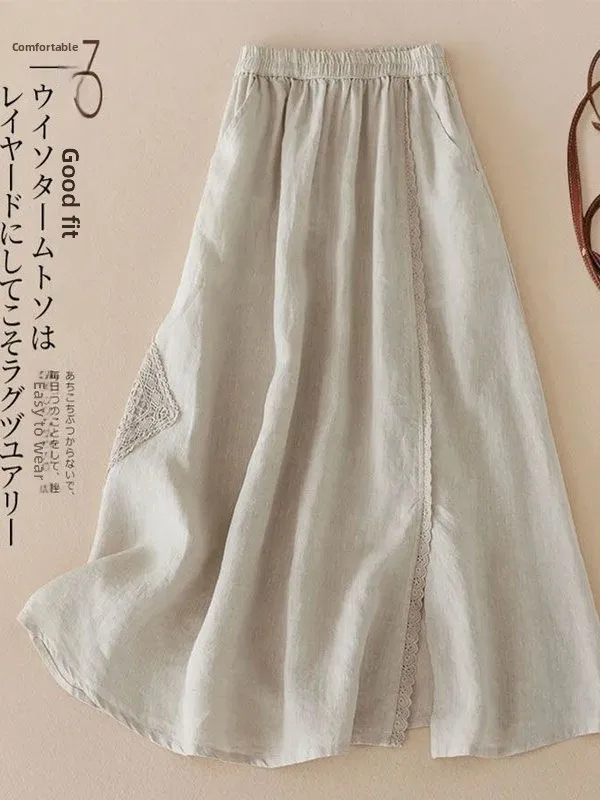 

Юбка женская из хлопка и льна с кружевной отделкой, свободного кроя, с высокой талией, А-силуэт, повседневная, влагоотводящая, неэластичная