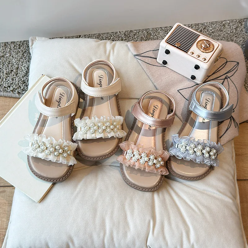 Girls Beach Shoes Open Toes Kids Sandals Sweet Lace Soft Bottom 2026 Summer New Children Princess Sandals Non-slip