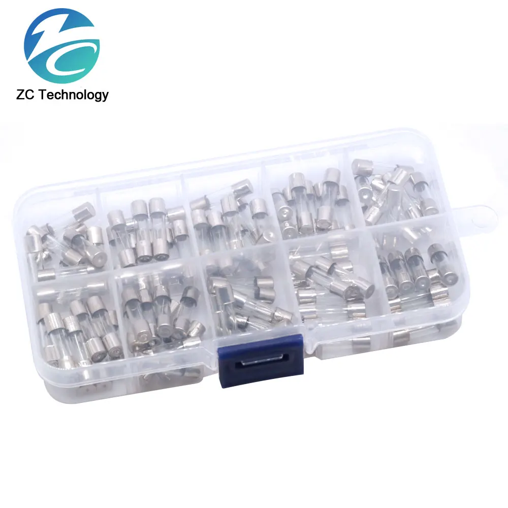 100pcs/Set 5x20mm 5*20mm Glass Fuses 0.5/1/2/3/4/5/6/8/10/20A 250V Each 10Pcs Quick Blow Glass Tube Fuse Assorted Kits Fast-blow