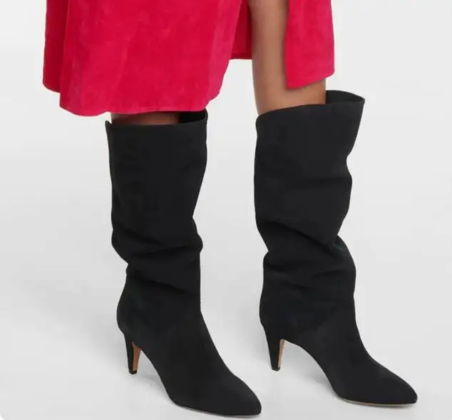 

New Black Beige Solid Suede Pointed Toe Slip On Med Heels Knight Boots Women Fashion Pleated Loose Mid-calf Boots Shoes Lady