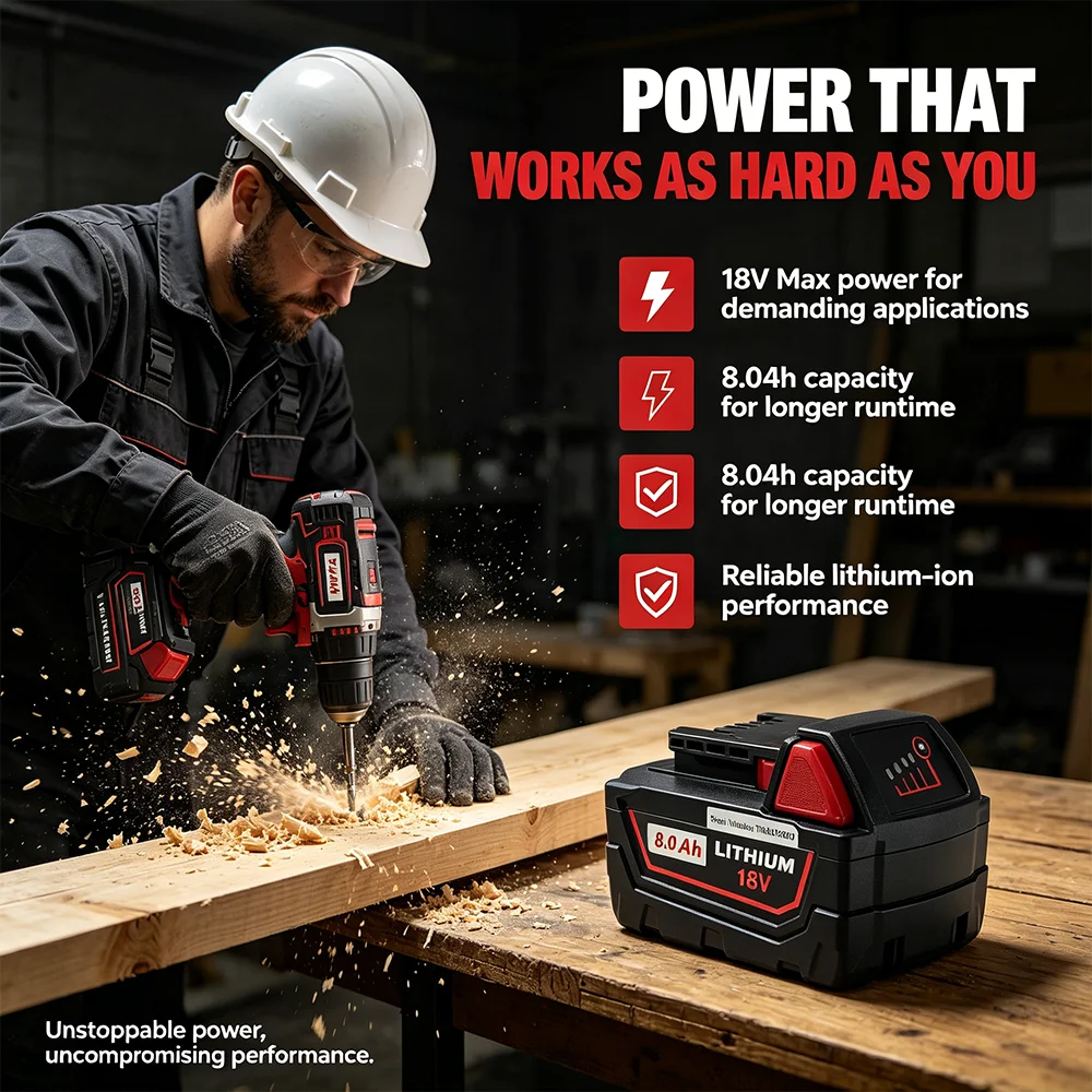 Für Milwaukee M18 Elektrowerkzeug-Akku 18V 8,0Ah Wiederaufladbarer Ersatzakku mit M18B5 48-11-1860 48-11-1850 48-11-1840 48-11-2402 48-11-2411 8000mAh 12000mAh Lithium-Ionen-Akku – Detail 2