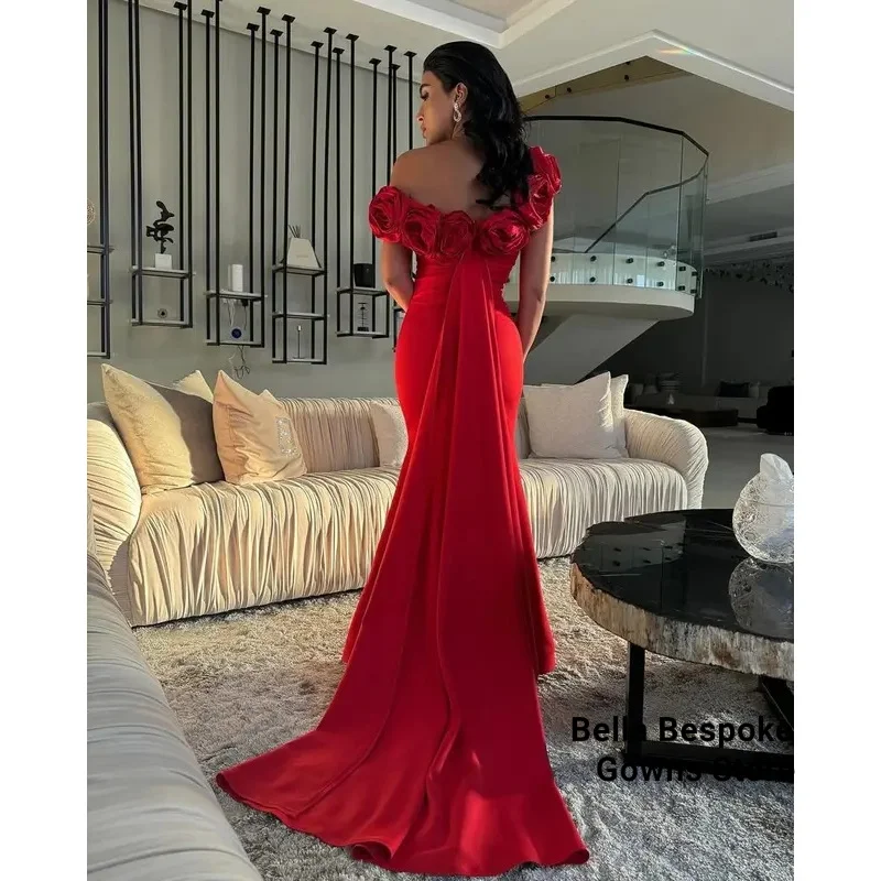 Robe de bal rouge sirène saoudienne, asymétrique épaule dénudée, fleurs faites à la main, longueur au sol, robe de soirée pour invités de mariage, personnalisée