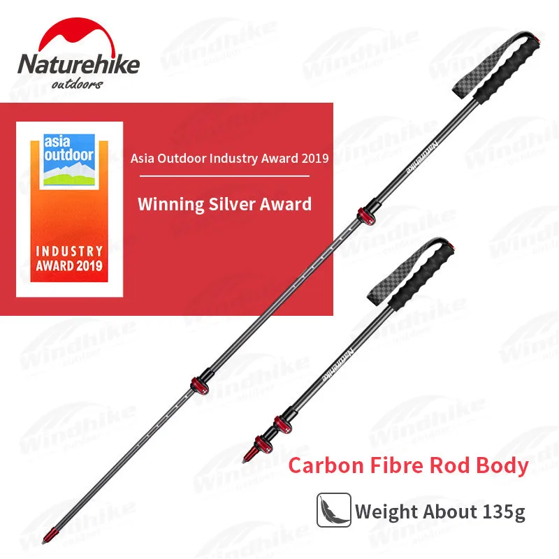 Naturehike Trekking Poles 135g Ultralight 3-Section External Lock Carbon Fiber Cane Hiking Walking Sticks Portable