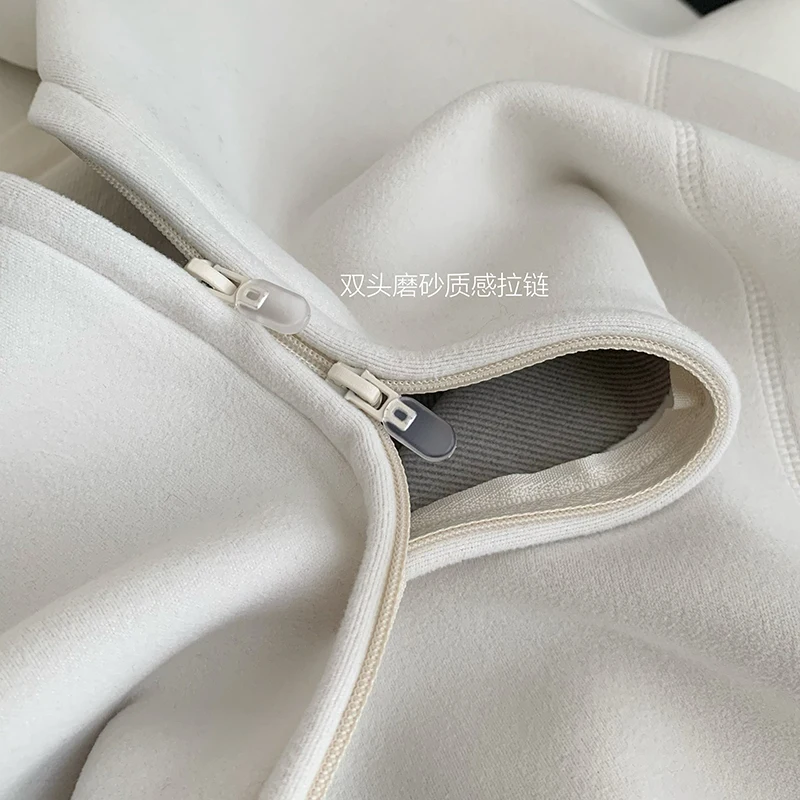 Autumn Winter Simple Graphene Warm Jacket Coat Velvet Stand-up Collar Zip Up Short Jacket Coat Women Black White Cardigan Tops