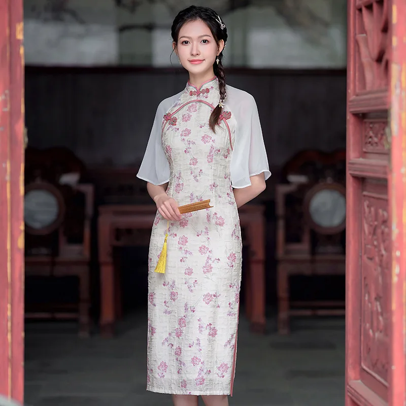 

Chinese Style Women Chiffon Floral Print Cheongsam Vintage Mandarin Collar Slim Qipao Modern Traditional Dress