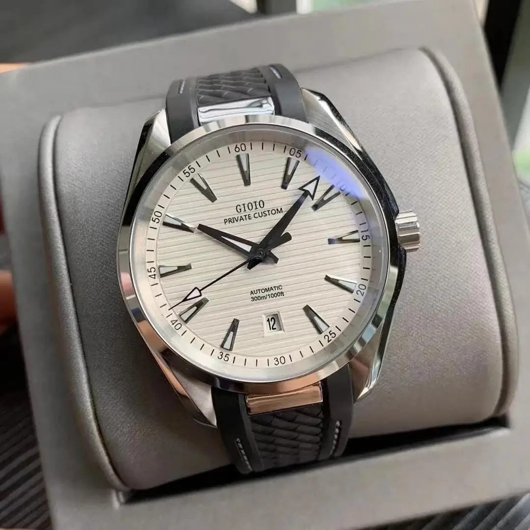 Luxury New Automatic Watch for Men Mechanical Watches Stainless Steel Blue Black Rubber Strap White Dial Fashion