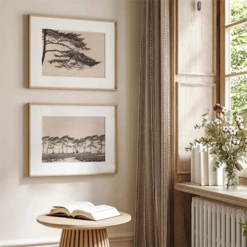 Pine Trees Vintage Rustic Sketch Branch Landscape Posters and Prints Canvas Printing Wall Art Picture for Living Room Home Decor