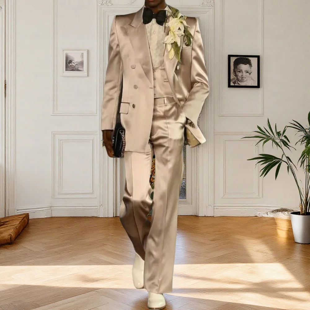 

New Arrival Men's Shiny Satin Tuxedo Set Blazer Vest & Pants for Weddings and Business costume homme mariage slim fit Men suits