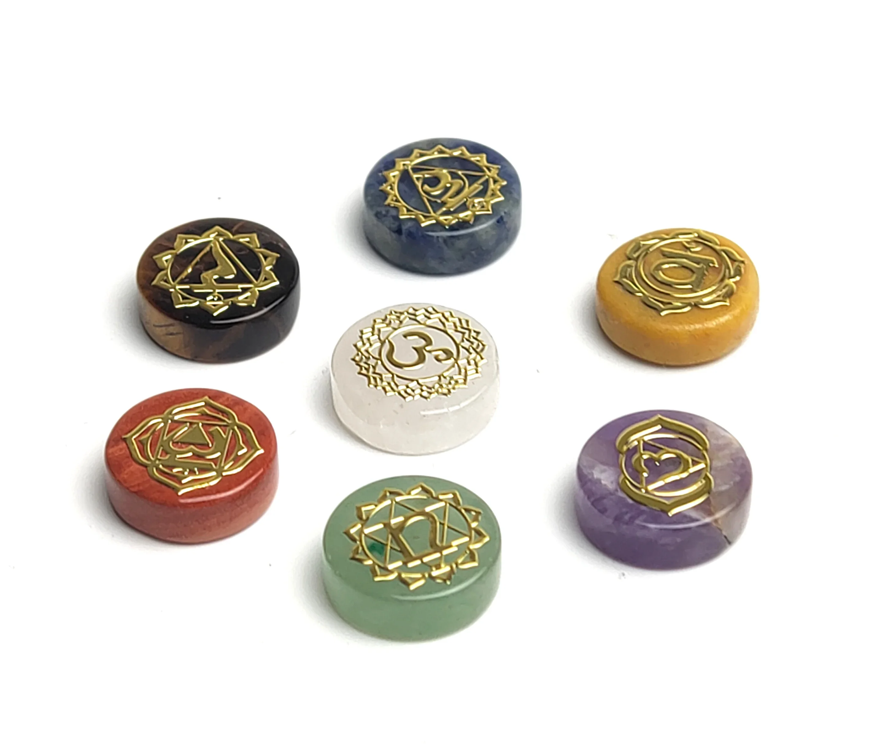 Mini Size Natural Round Semi-precious Stones Printing Holistic Balancing Chakra Symbols Set