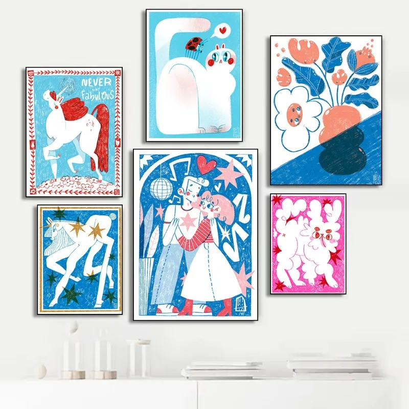 Cute Two Tone Illustration Series Poster Print Canvas Art Pictures Home for Livingroom and Bedroom Wall Decor Frameless Painting