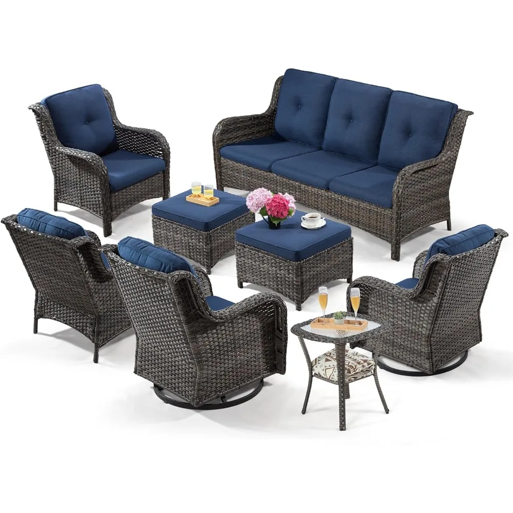 Wicker patio furniture set of 8 with 3-seater sofa, 2 swivel rocking chairs, 2 armchairs, 2 ottomans and 1 side table