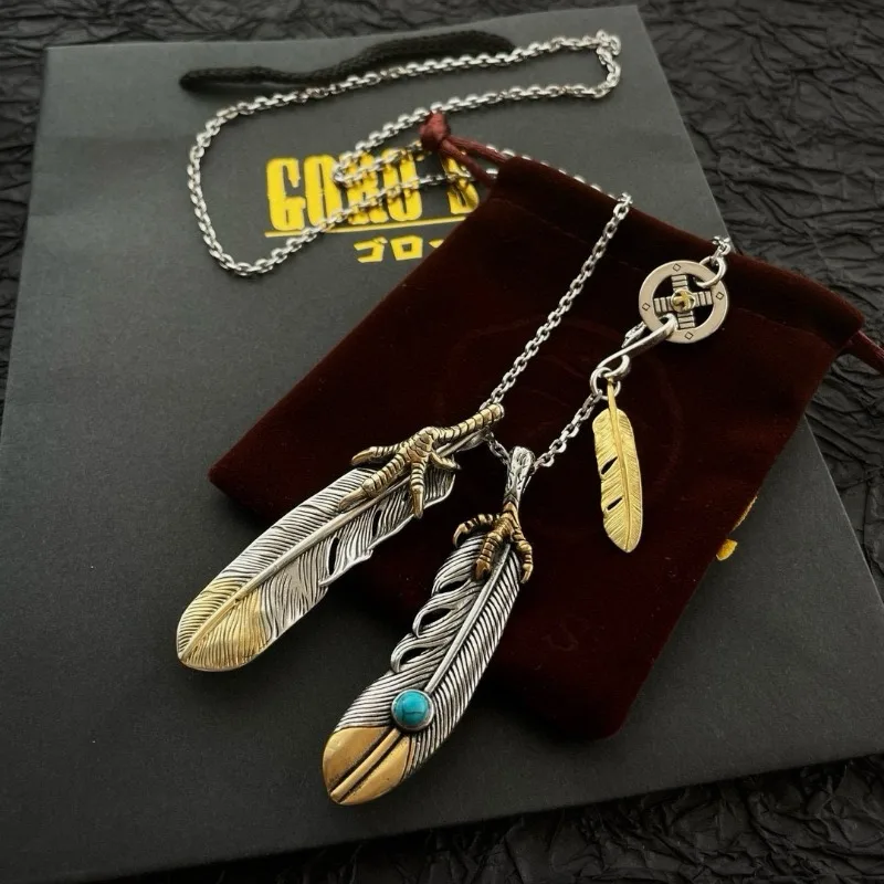 

Japan Tide Takahashi Goros Vintage Turquoise Eagle Claw Double Feather Pendant Classic Necklace Fashion Couple Versatile Hip-hop
