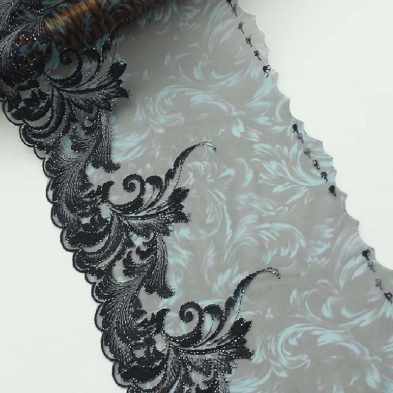 2-15Yds/Lot 18cm Wide Transparent Black Gazue Fluorescent Blue Wavy Style Embroidery High Quality Lace Trim For Garments,Wedding