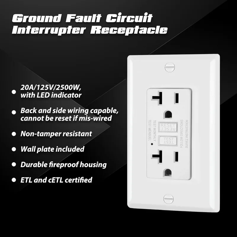 50 Pack GFCI Outlets 20 Amp, Non-Tamper Resistant, Decor GFI Receptacles with LED Indicator, Ground Fault Circuit Inter