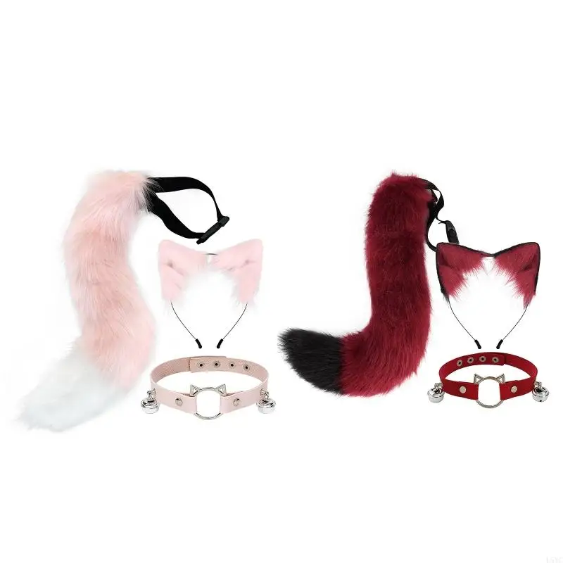 

L5YC Animal Faux Fur for Cat Ear Headband and Choker Tail Halloween Cosplay Party Cos