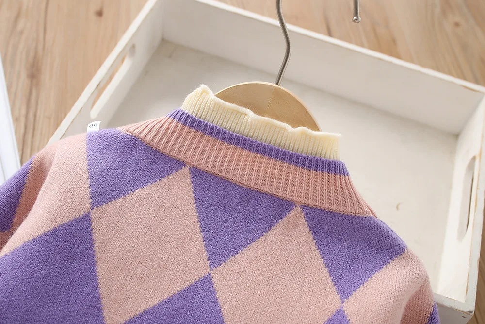 Herbst und Winter neue Mädchen Pullover Set koreanische kurze gestrickte kleine Duft zweiteilige Set Mädchen Baby Vintage Checker Strick-Set – Detail 8