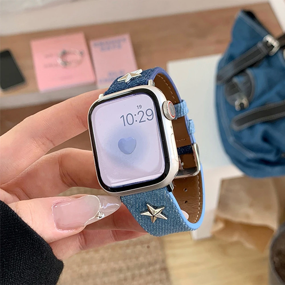 Y2K Denim Star Strap For Apple Watch Series 10 9 SE Ultra 2 Band Stylish Girl Bracelet For 38mm 40mm 41mm 42mm 44mm 46mm 49mm