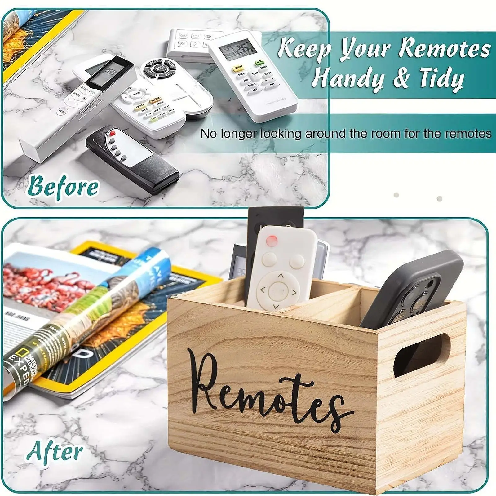 Remote Control Holder Wooden Storage Box Organizing Pencils Holder Desktop Organizer for Bedroom Countertop Nightstand Bedside