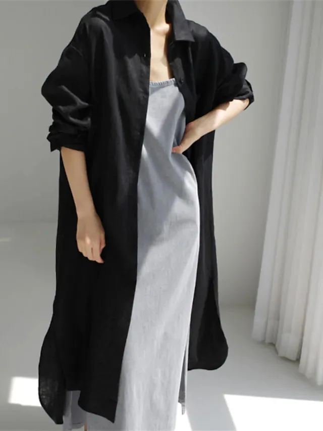 

Spring New Fashion Shirt Dress Elegant Solid Color V-neck Long-sleeved Cotton Cardigan Maxi Dress Casual Holiday Wear For Women